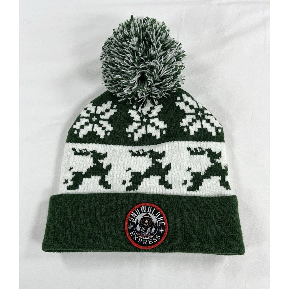 Winter Fair Isle Pom Pom Snowflake Reindeer Women's OS Beanie Hat Green White